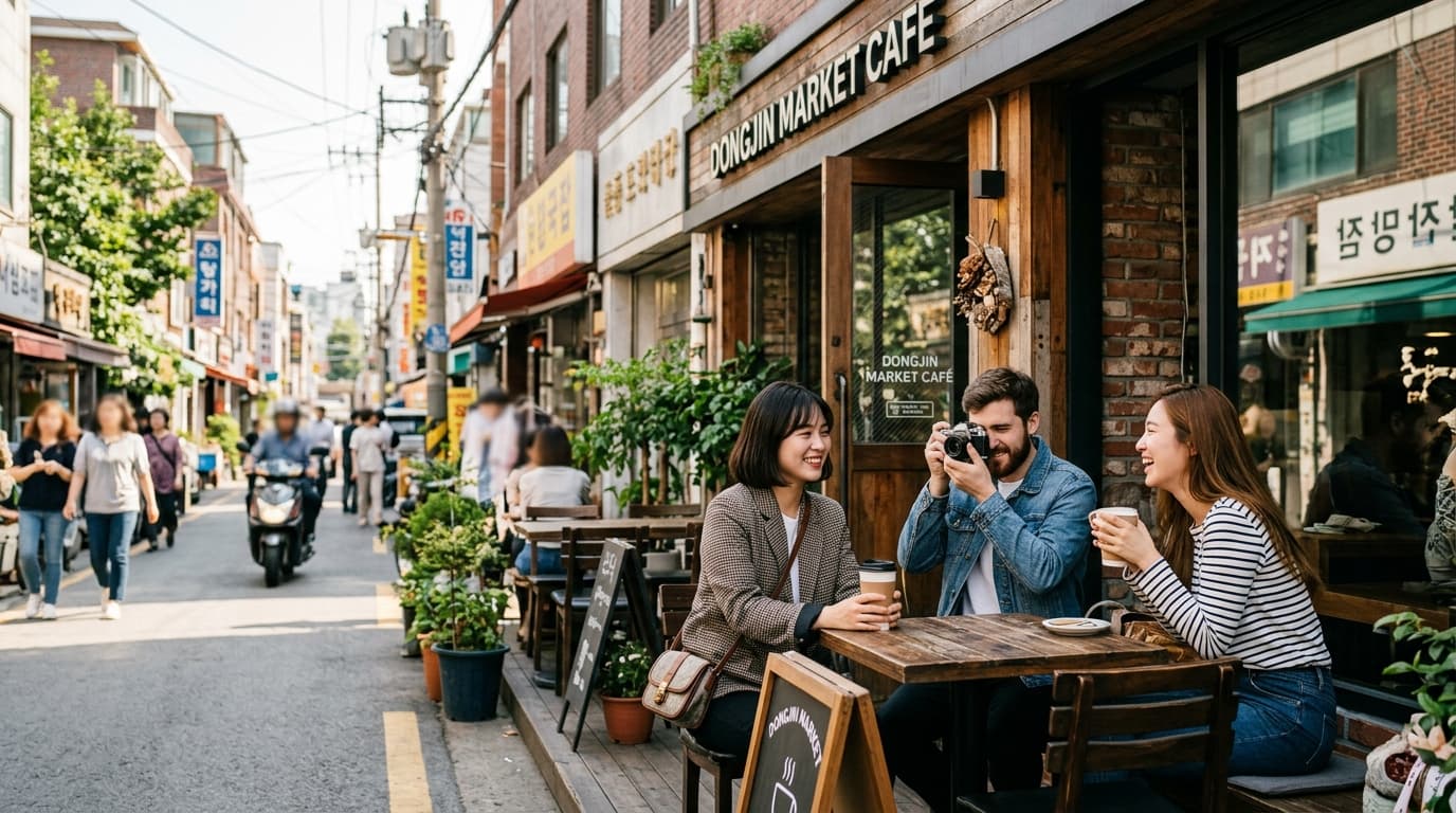 Travelers taking photos at the real Squid Game café on Seongsu Café Street in Seoul