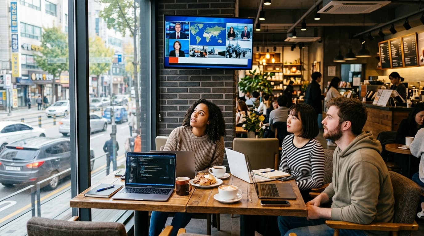 Tourists in a Seoul café watching international news on TV with city street view