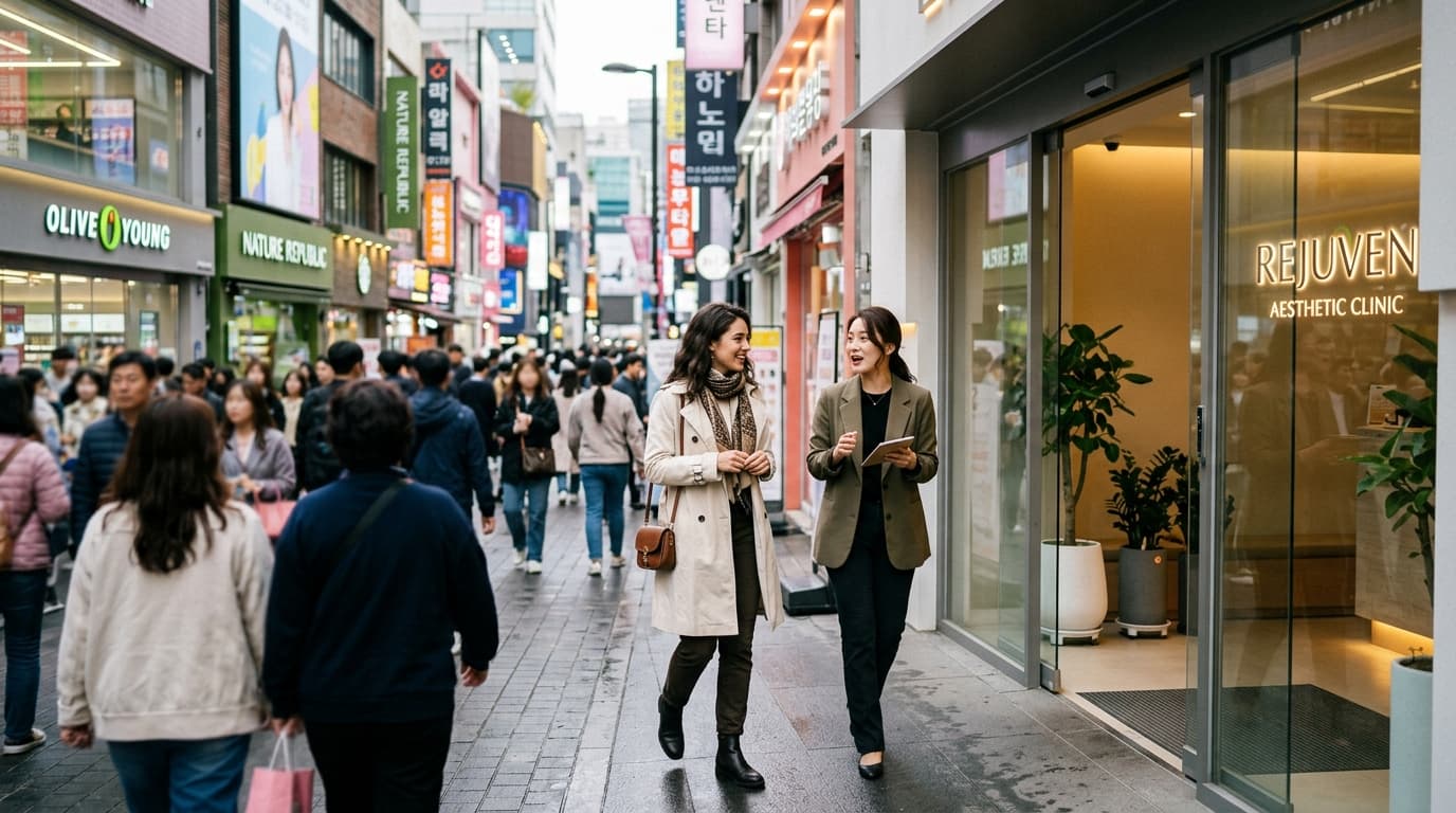International visitor with English interpreter entering a Myeongdong aesthetic clinic in Seoul