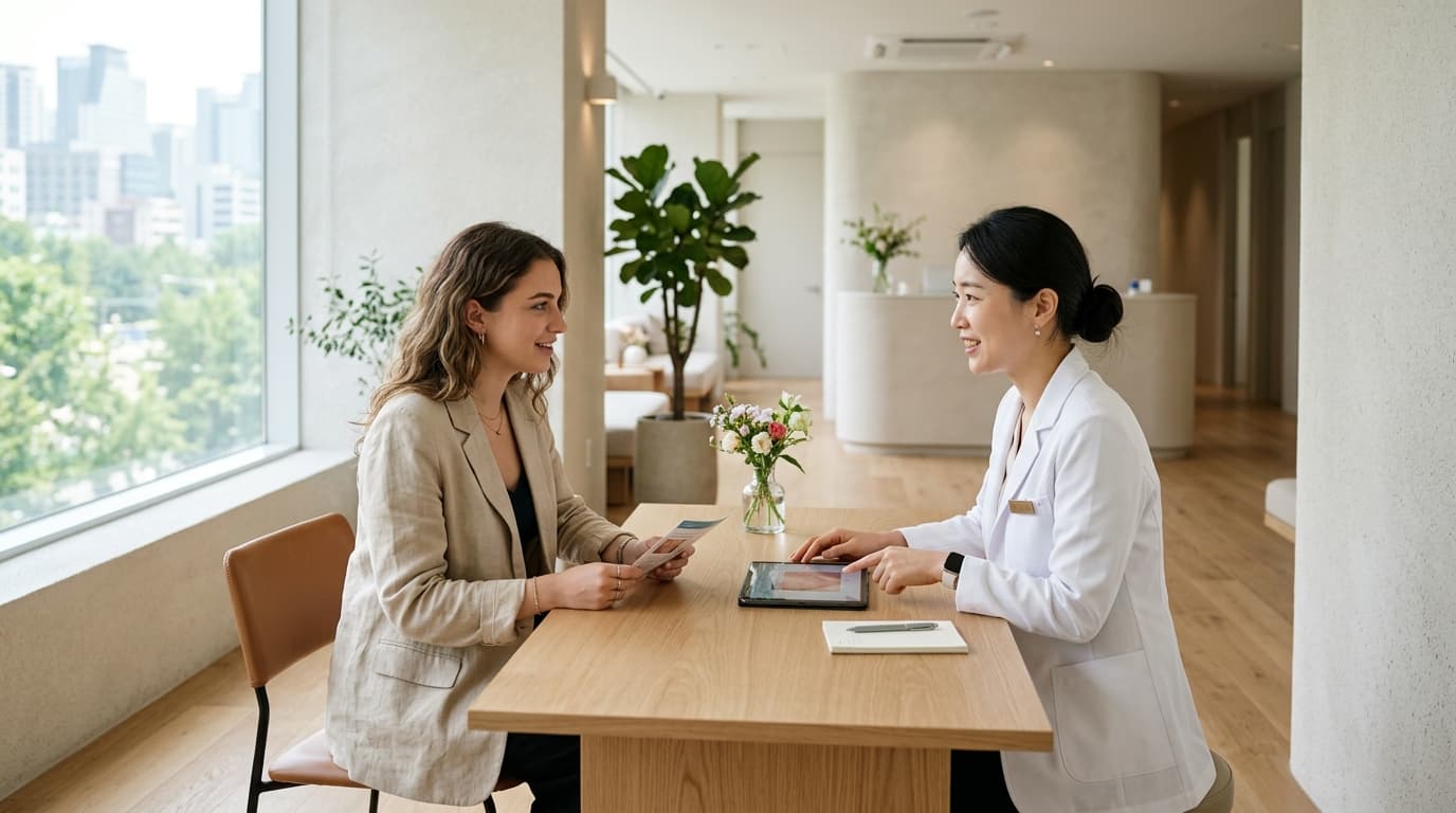 A young international visitor consulting with a staff member in a modern Seoul dermatology clinic