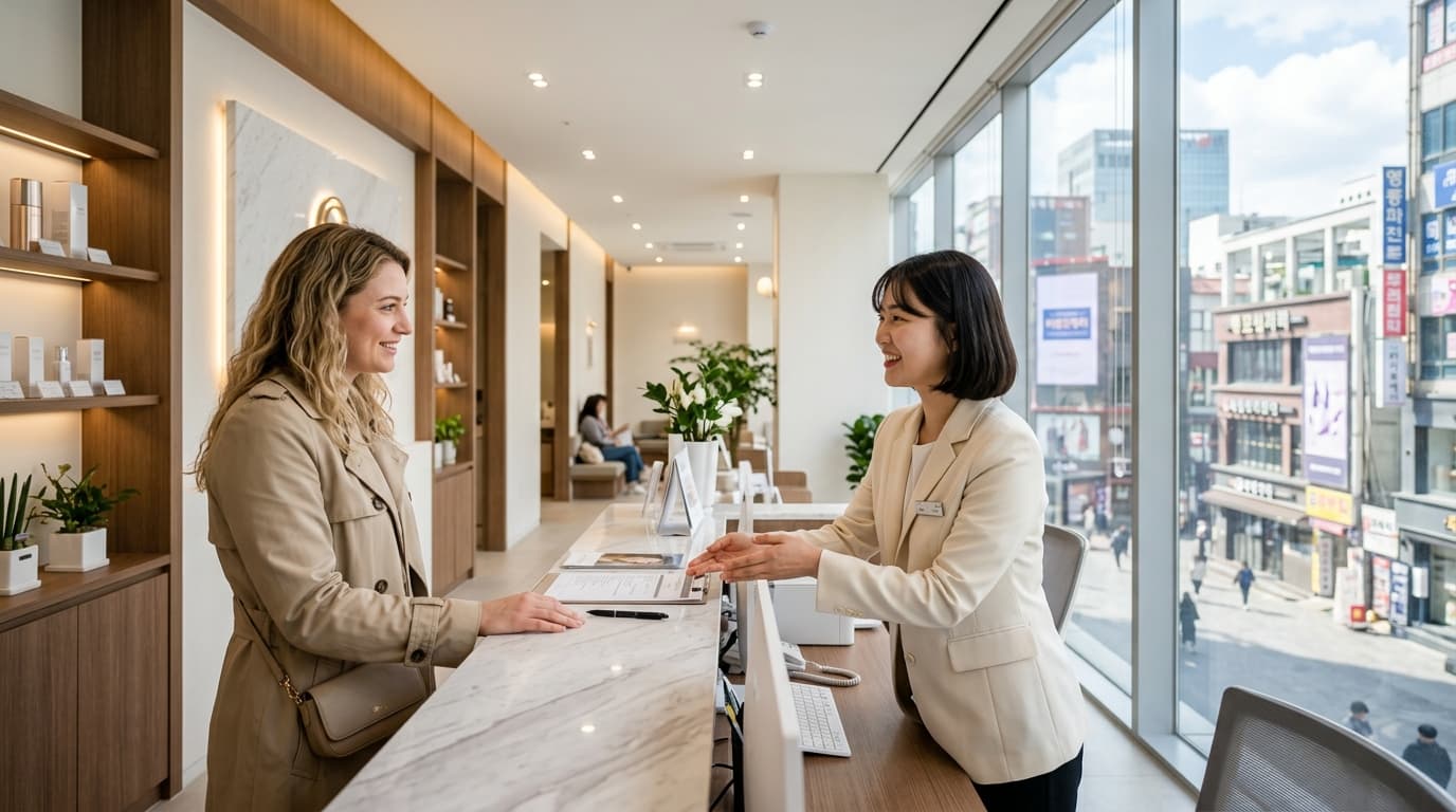 A bright Seoul skin clinic with an English interpreter helping a foreign visitor at reception