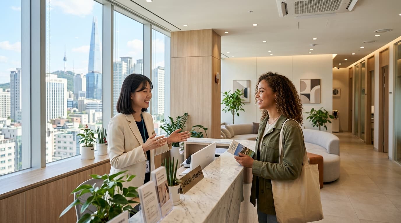 A tourist greeted by an English interpreter at a Korean skin clinic in Seoul