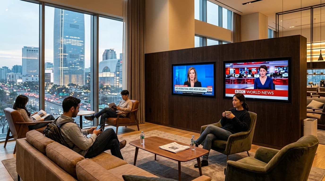 Travelers watching international news in a Seoul hotel lounge with city views