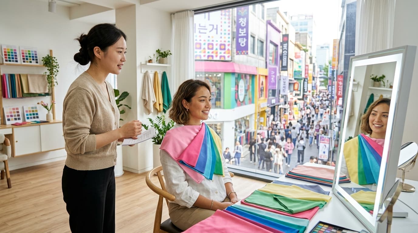 A woman receives personal color analysis in a Seoul studio with English interpreter, Myeongdong in the background