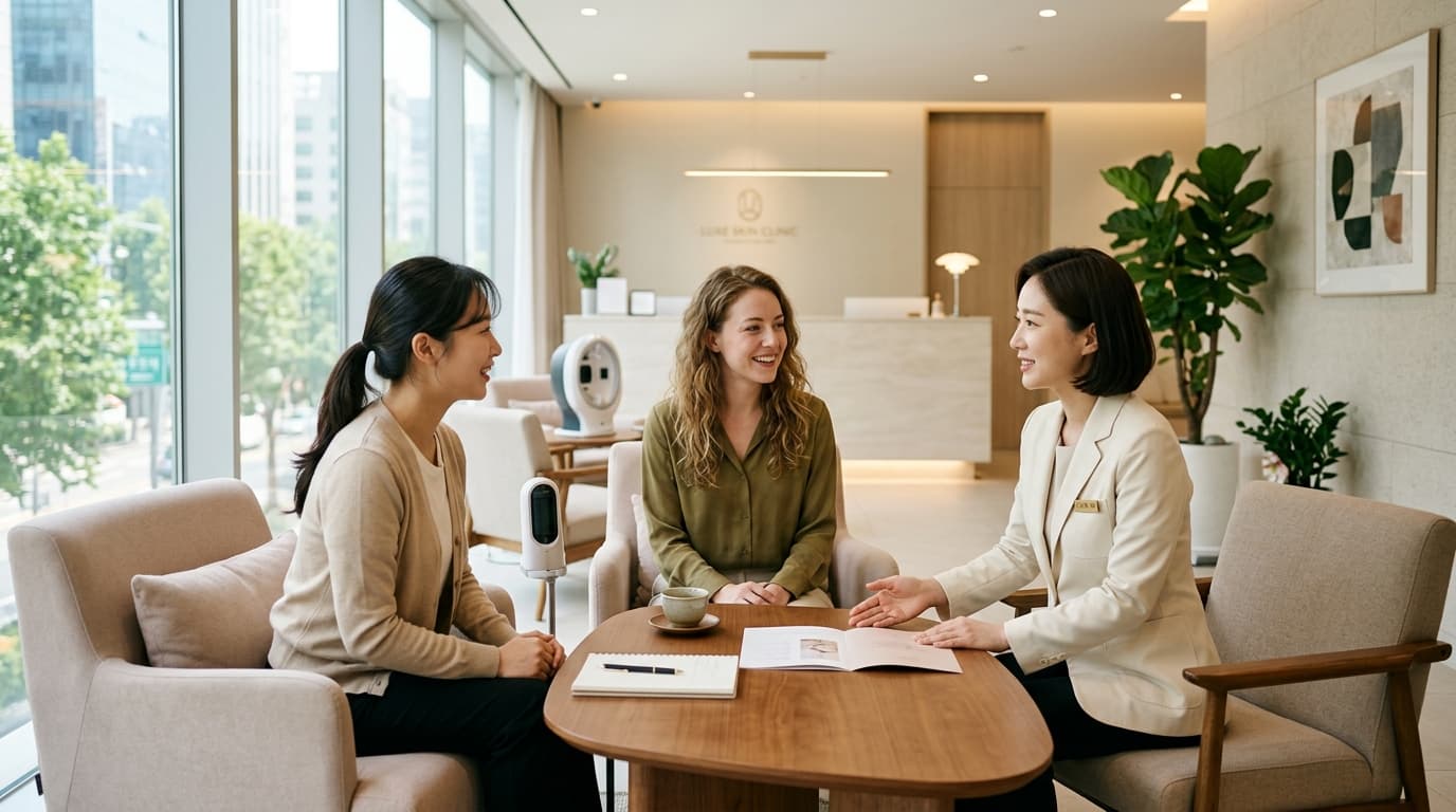 A foreign visitor receives a consultation with English interpreter at a Korean skin clinic in Gangnam