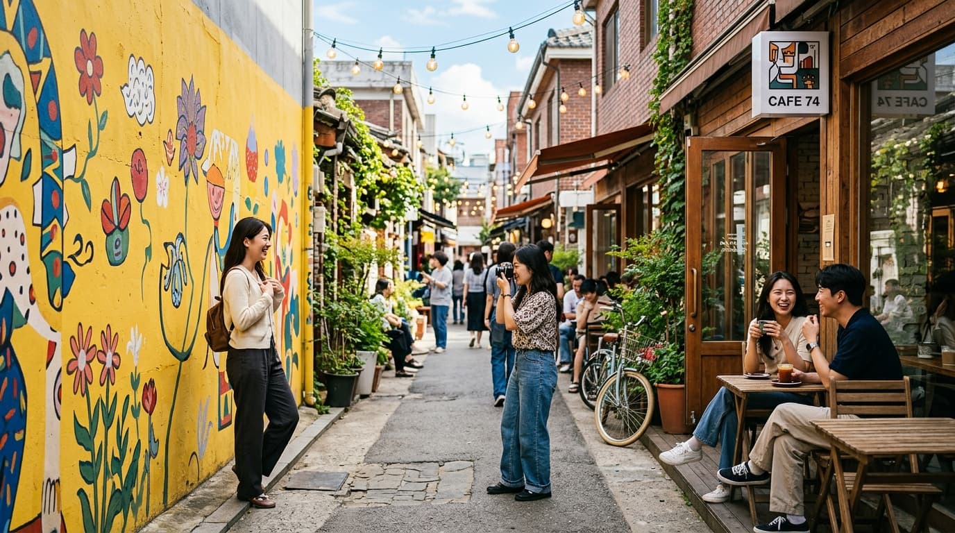 Seongsu Cafe Street alley with yellow mural wall, visitors taking photos, and nearby indie cafes