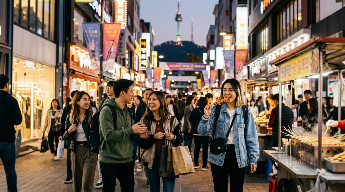 Travelers walking through lively Myeongdong street with shops and N Seoul Tower in view