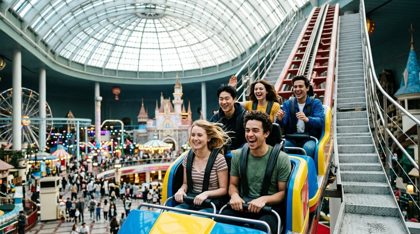 Tourists riding a roller coaster inside Lotte World Seoul's glass-domed indoor park