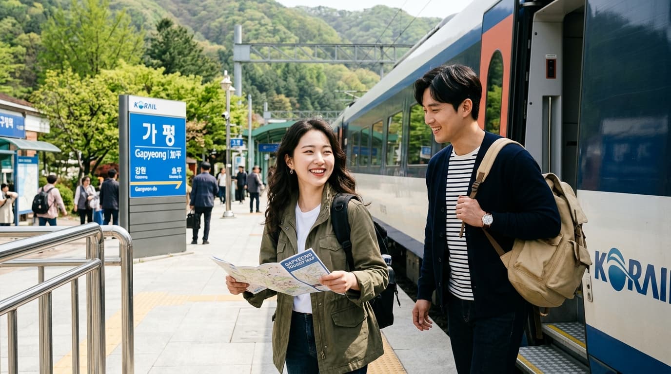 Travelers arriving at a scenic train station near Seoul, ready for a day trip