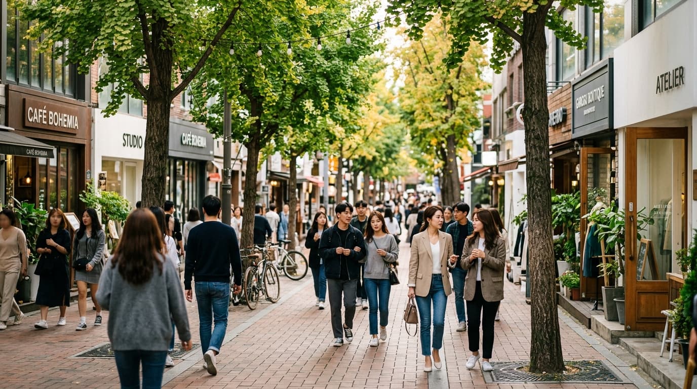 Garosugil main street with people, cafes, and boutiques under leafy trees in Seoul