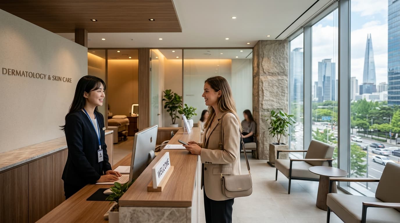 Modern Gangnam dermatology clinic with English-speaking staff welcoming a visitor