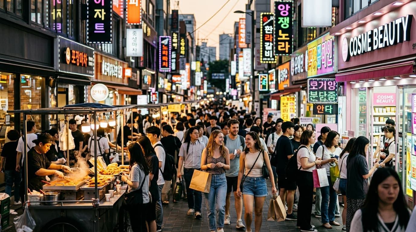 Tourists exploring Myeongdong Street in Seoul, surrounded by neon signs and street food stalls