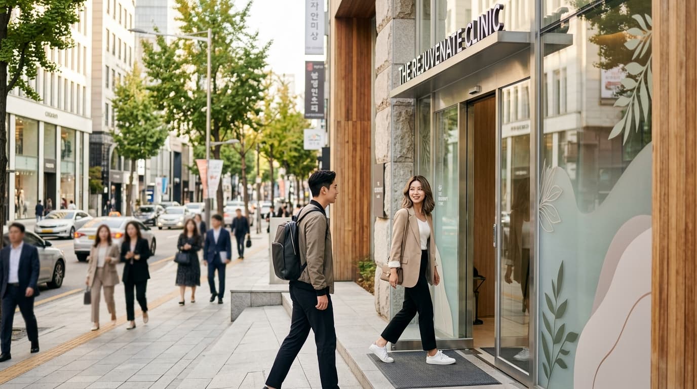 Young travelers entering a modern dermatology clinic in Gangnam, Seoul