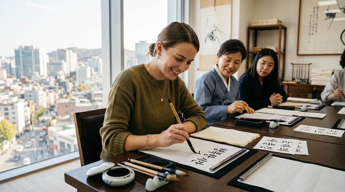 A traveler learning Korean calligraphy in a Seoul studio with brushes, ink, and Hangeul script