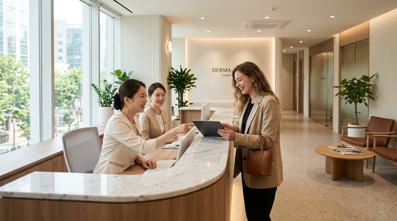 Modern Seoul dermatology clinic reception with staff welcoming a foreign visitor