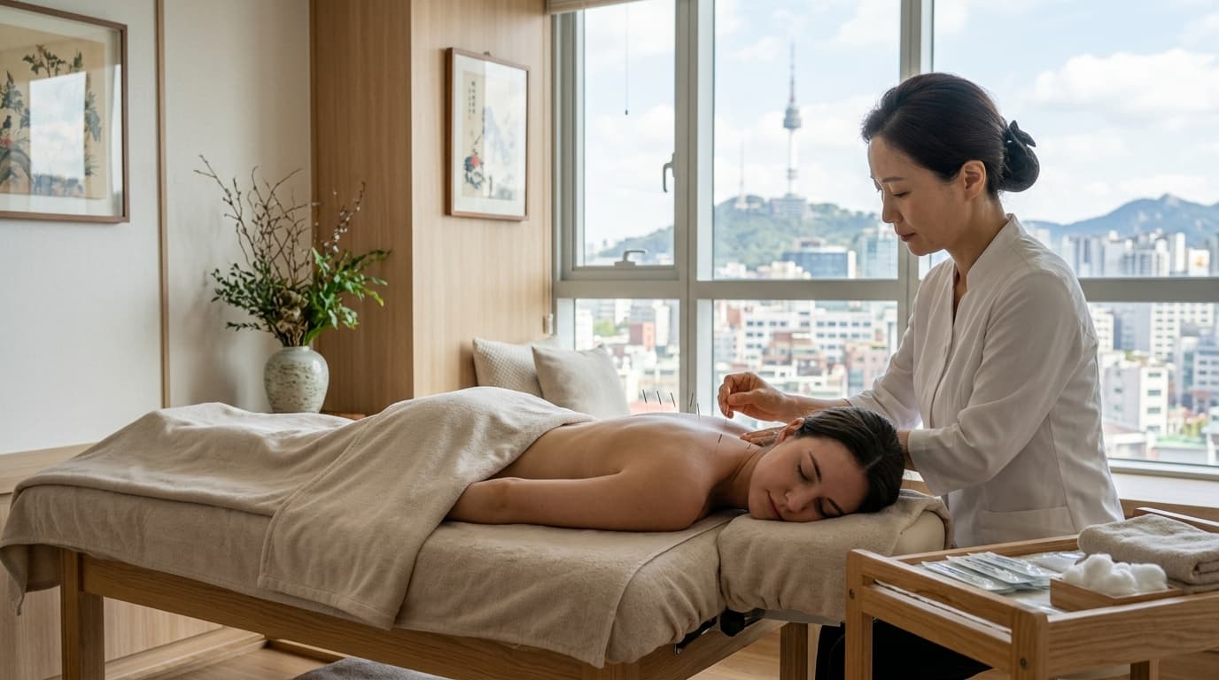 Tourist receiving acupuncture in a bright, modern Seoul clinic with city views