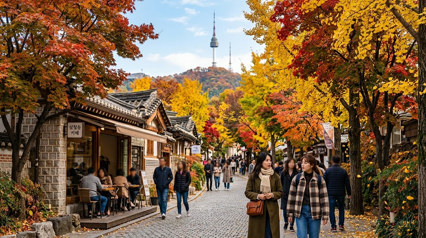 Seoul street lined with golden autumn trees and travelers in cozy fall outfits