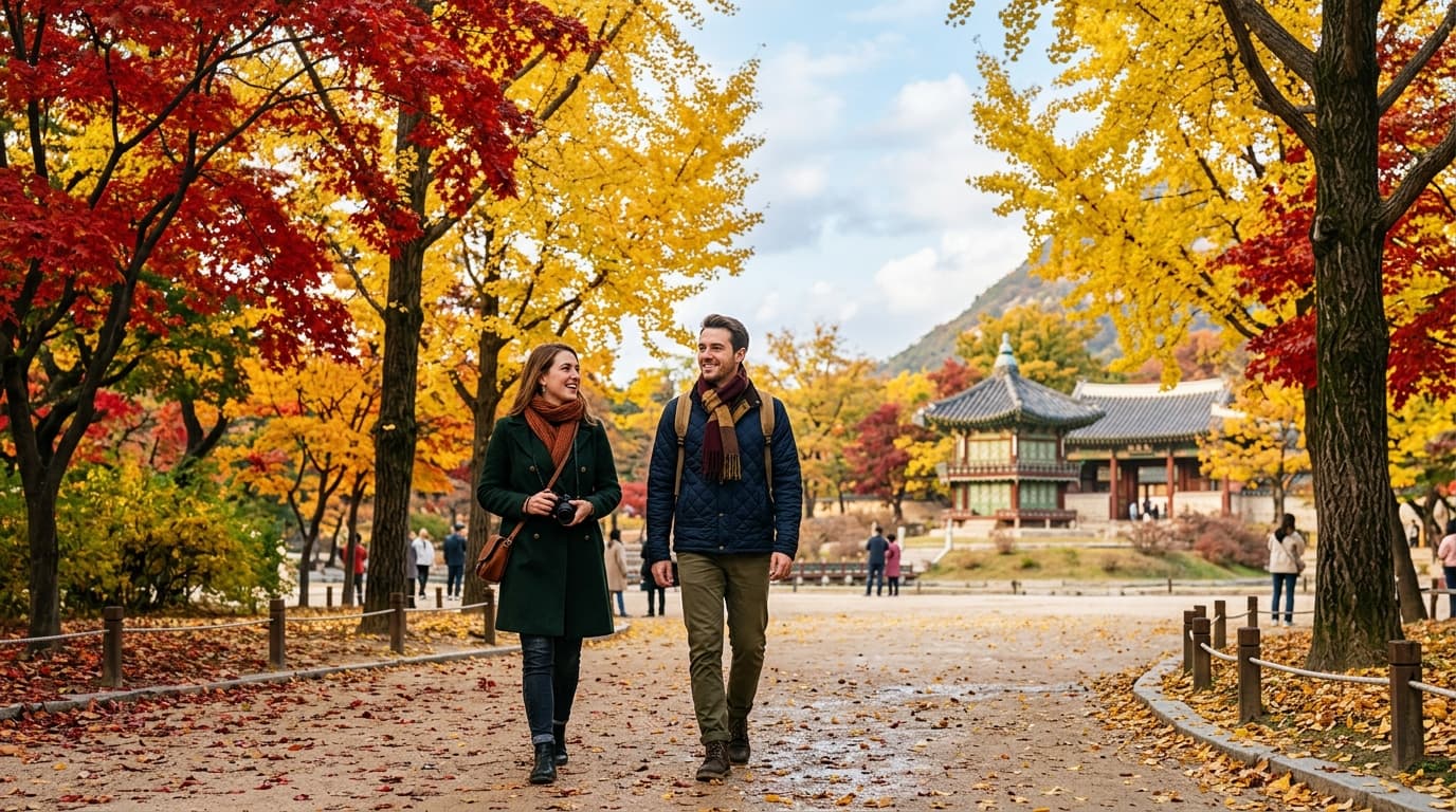 Travelers in autumn jackets walking under colorful fall leaves in a Seoul city park with palace rooftops nearby