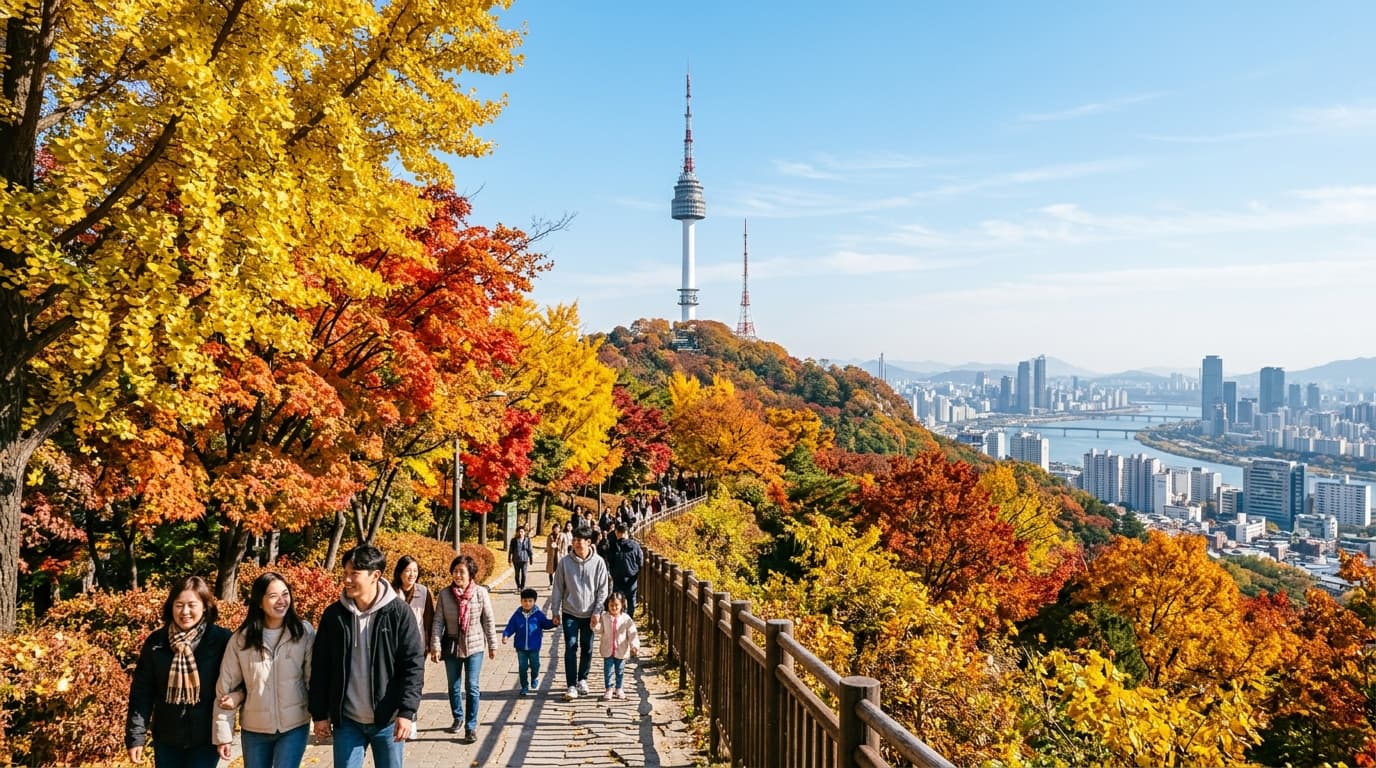Namsan Seoul Tower surrounded by autumn foliage with people enjoying the scenery