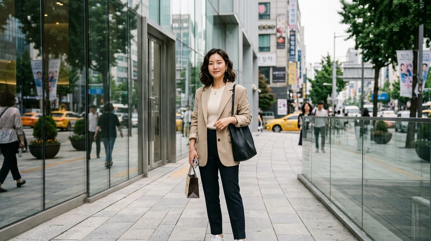 Young woman confidently approaching a modern clinic building in Gangnam, Seoul