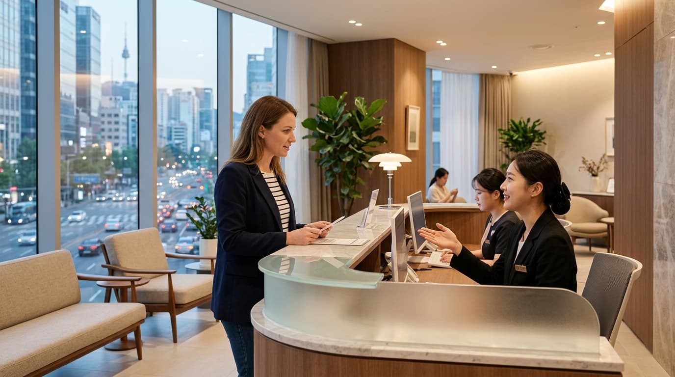 International visitor with English interpreter at a Seoul clinic reception