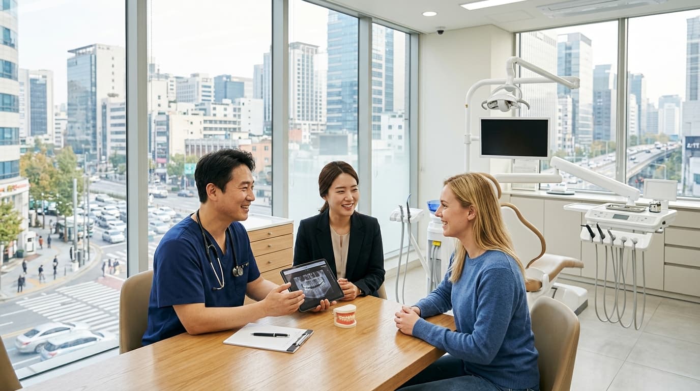 Modern Seoul dental clinic with international patient, dentist, and English interpreter in a bright, high-tech setting