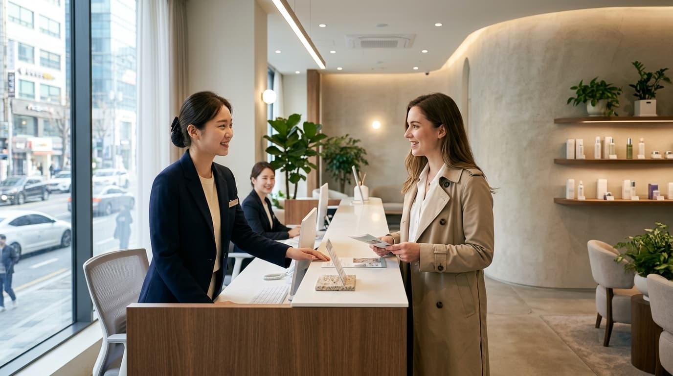 A foreign visitor receiving English assistance at a dermatology clinic in central Seoul