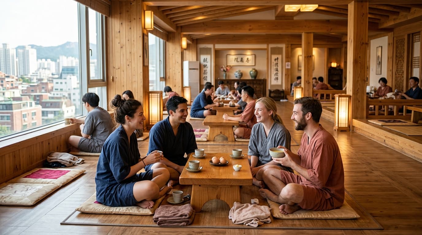 Foreign travelers relaxing in a Korean spa lounge in Seoul, wearing spa attire, with wooden interiors and soft natural light.