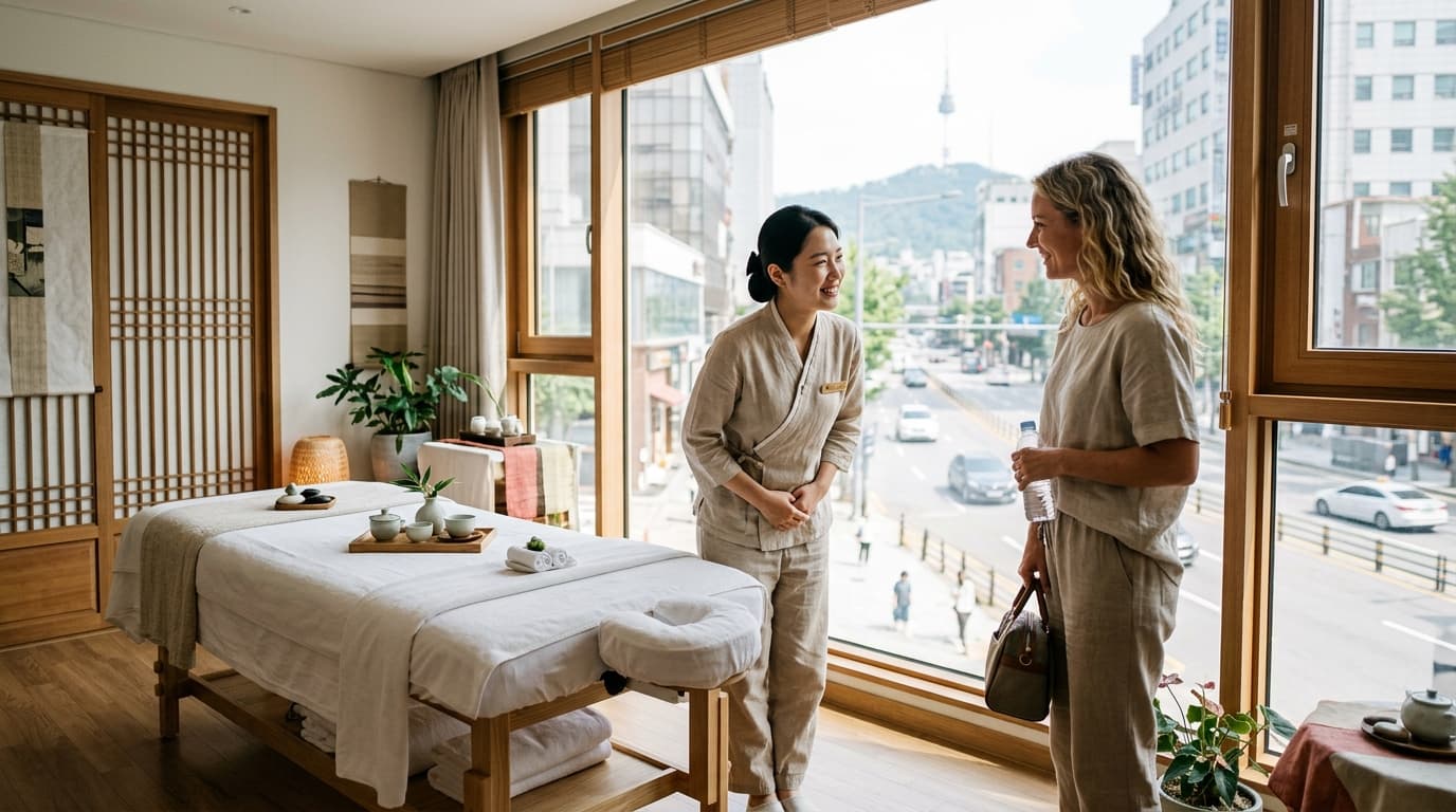 A foreign traveler is greeted by staff in a bright, modern Seoul spa with Korean decor