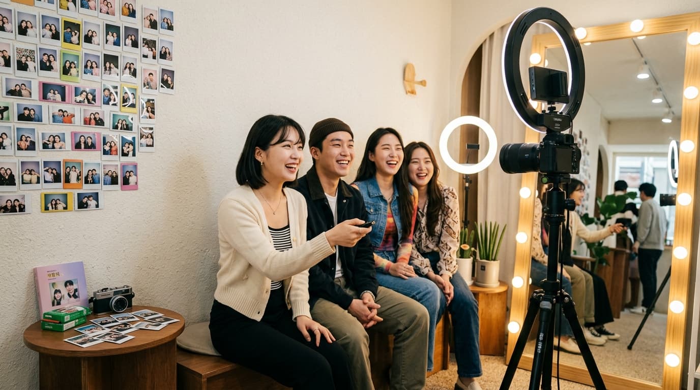 Young travelers taking portraits at a modern self photo studio in Seoul with professional lighting and instant photo prints.