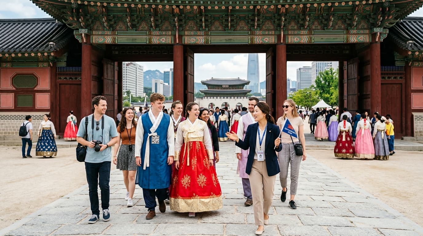Tourists with an English-speaking guide exploring Gyeongbokgung Palace in Seoul
