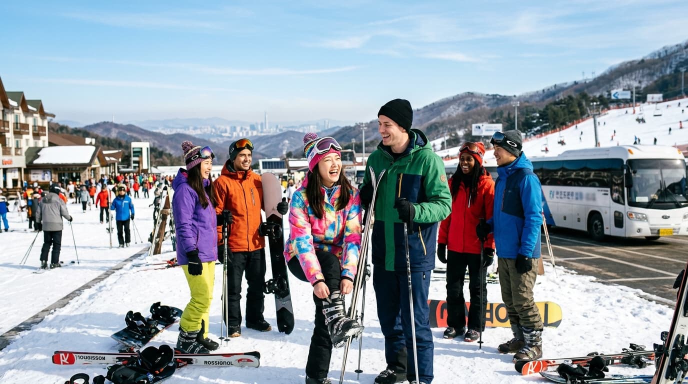 Tourists in ski wear preparing for a day of skiing at a Korean resort near Seoul