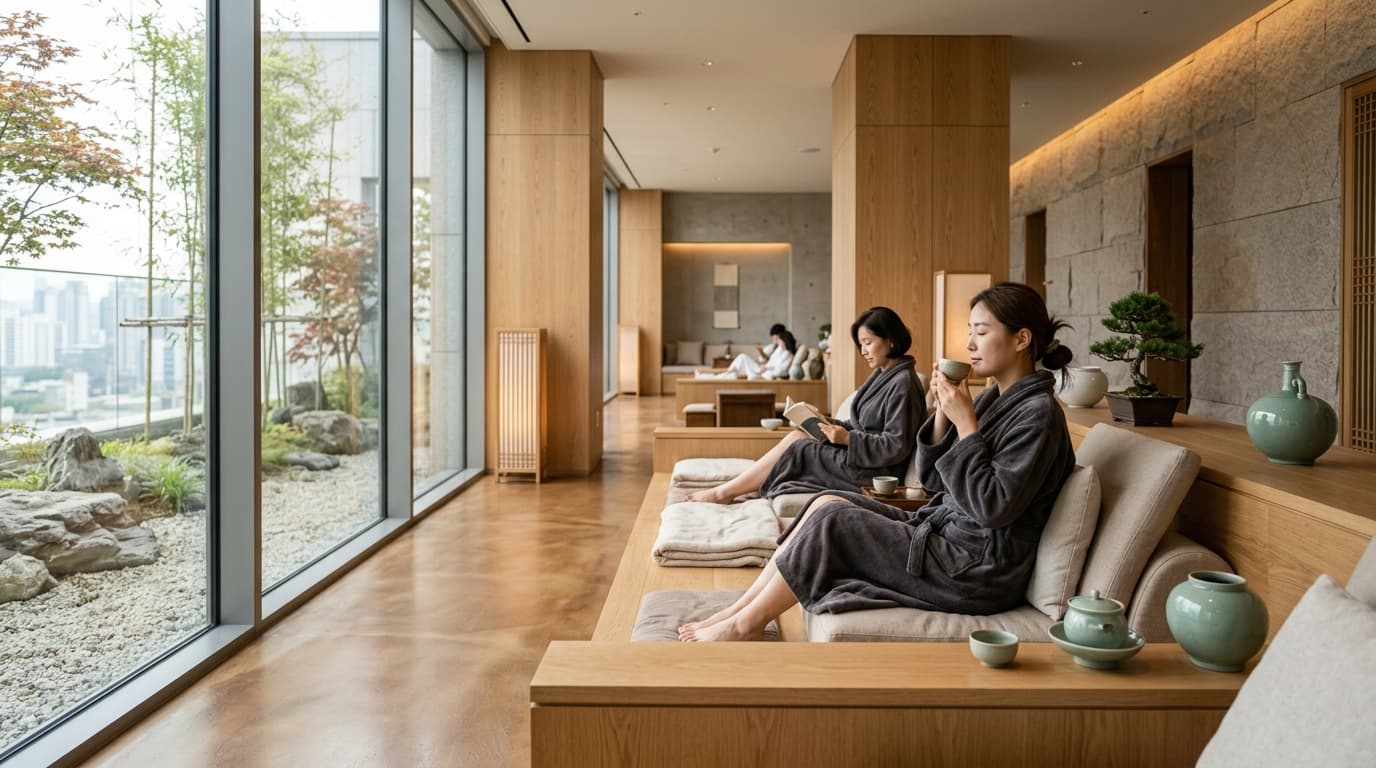 Spacious, sunlit Korean spa interior in Seoul with guests relaxing in robes