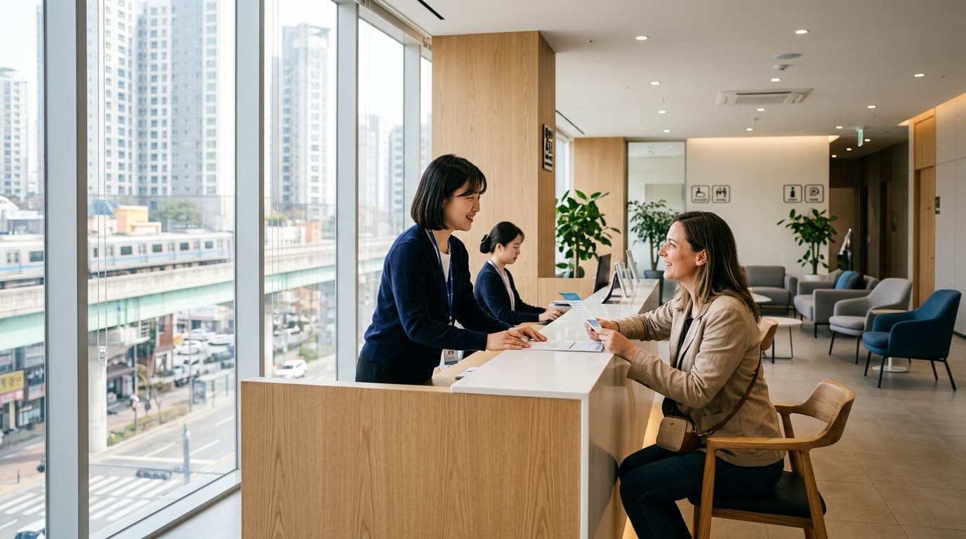 English-speaking interpreter assisting an international patient at a Seoul eye clinic reception
