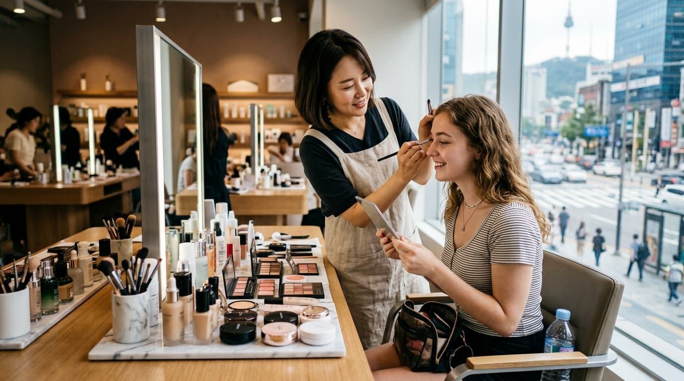 A Korean makeup artist teaching a traveler at a bright Seoul studio