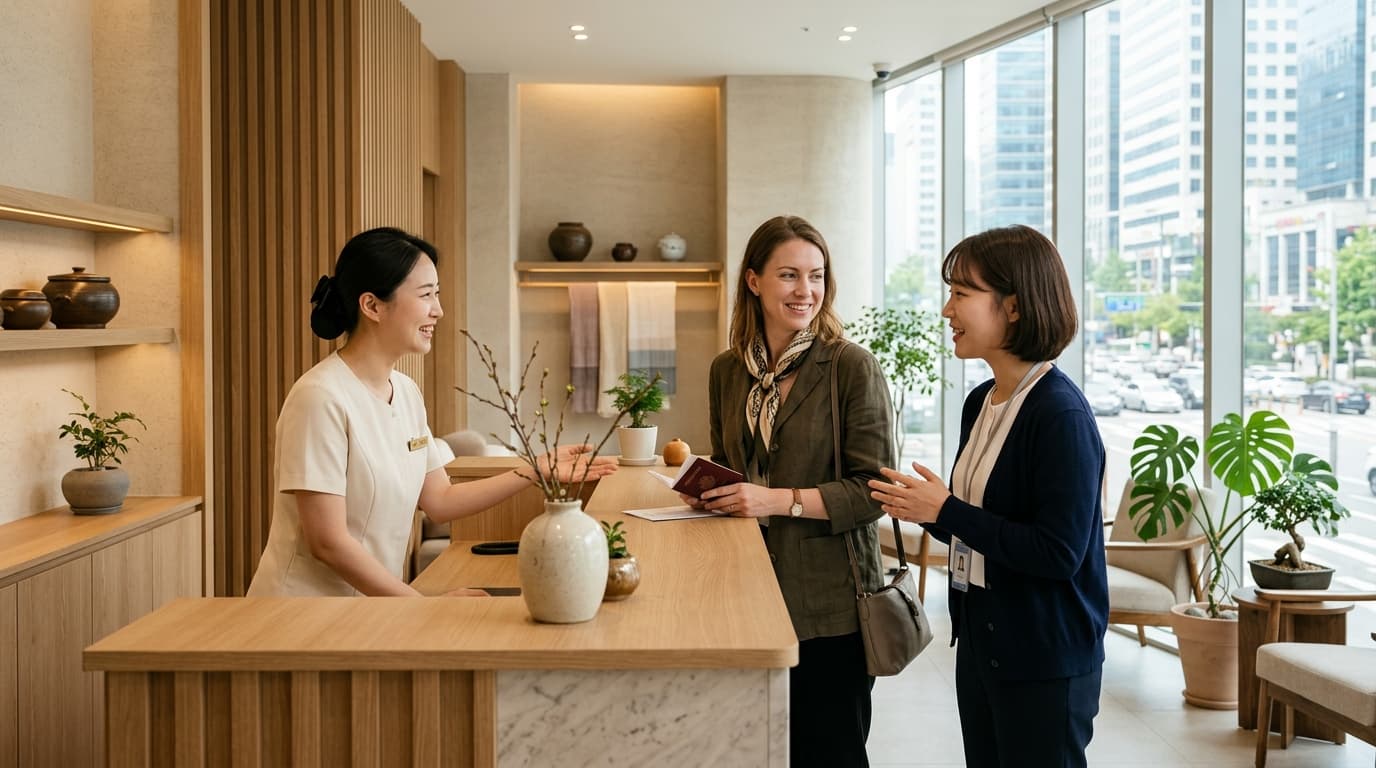 A foreign visitor entering Gangnam Myungokhun Korean Medicine Clinic with an English interpreter in Seoul