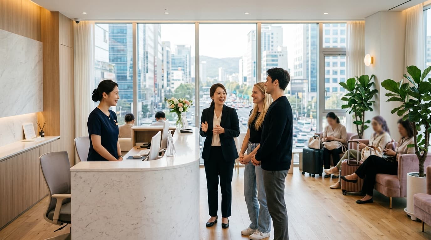 Modern Gangnam skin clinic lobby with foreign visitors and English-speaking interpreter in Seoul