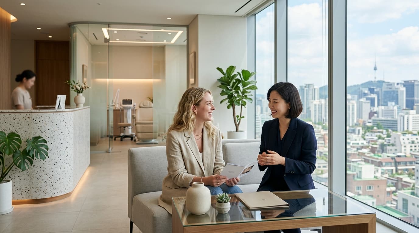 A foreign traveler and English interpreter in a bright, modern Seoul clinic setting