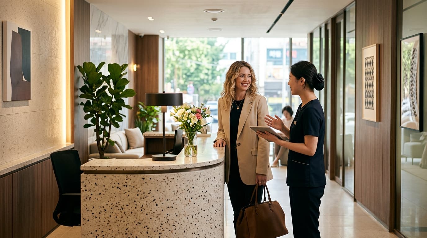 Foreign visitor greeted at a modern Gangnam aesthetic clinic reception