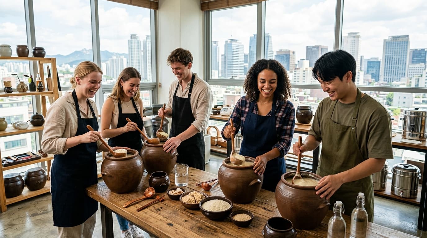 Tourists brewing makgeolli together in a bright Seoul studio with city views