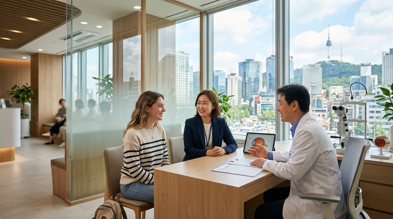 A traveler consulting with staff at a modern Seoul eye clinic with city views