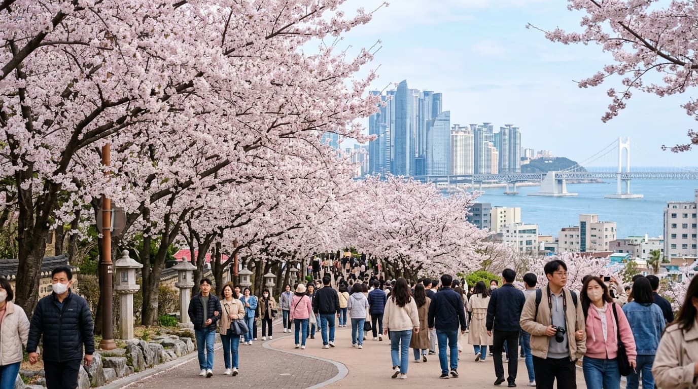 Cherry blossom trees in full bloom along a Busan riverside walkway with people enjoying spring