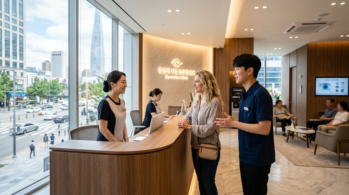 A modern eye clinic reception in Gangnam with English-speaking support