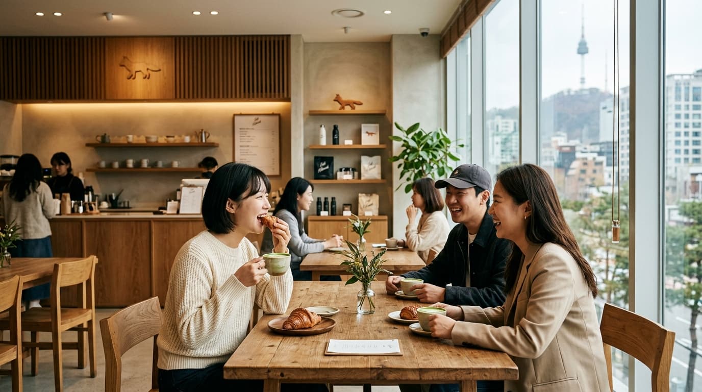 Café Kitsuné Seoul interior with visitors enjoying drinks and Parisian-Japanese décor