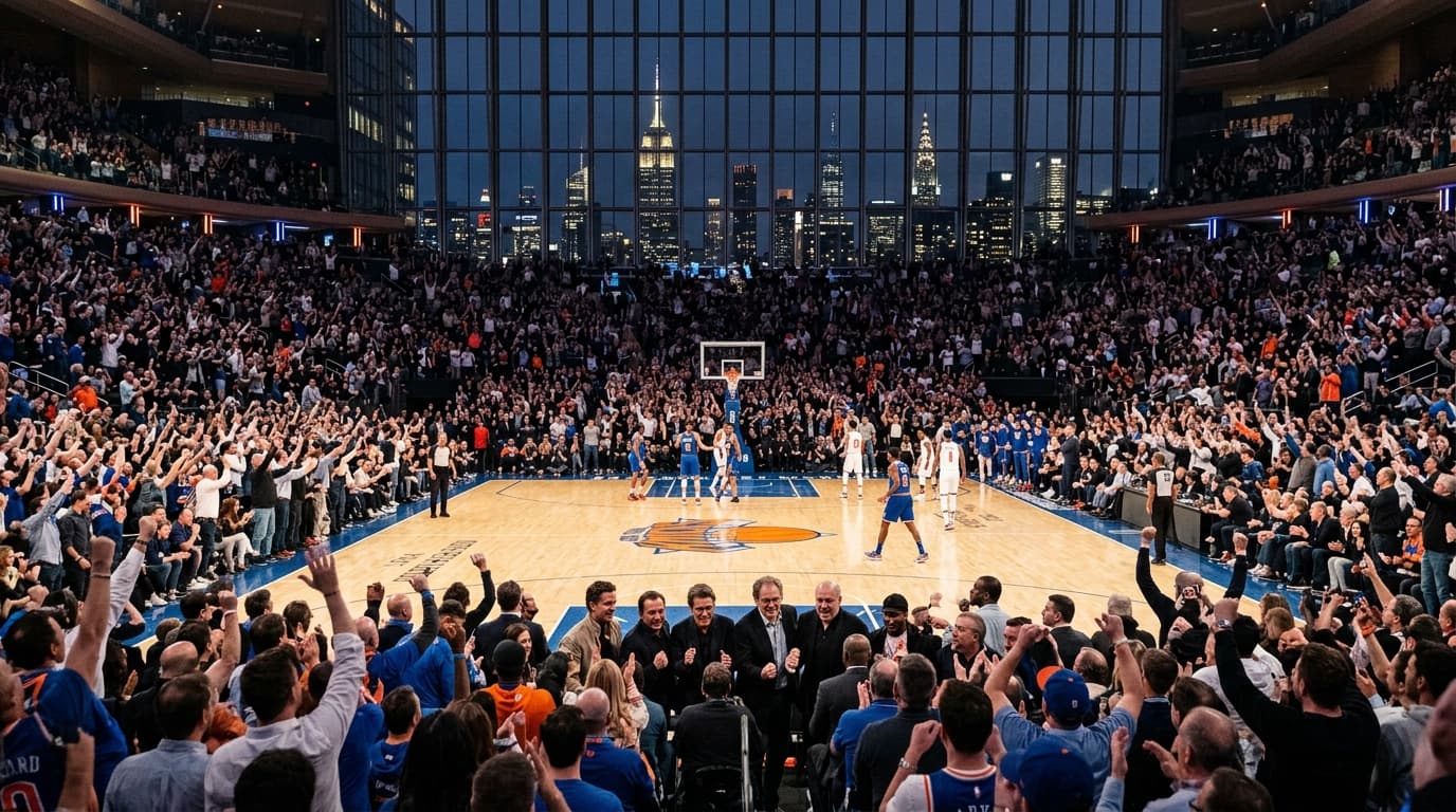 Madison Square Garden packed for a Knicks playoff game with celebrities courtside