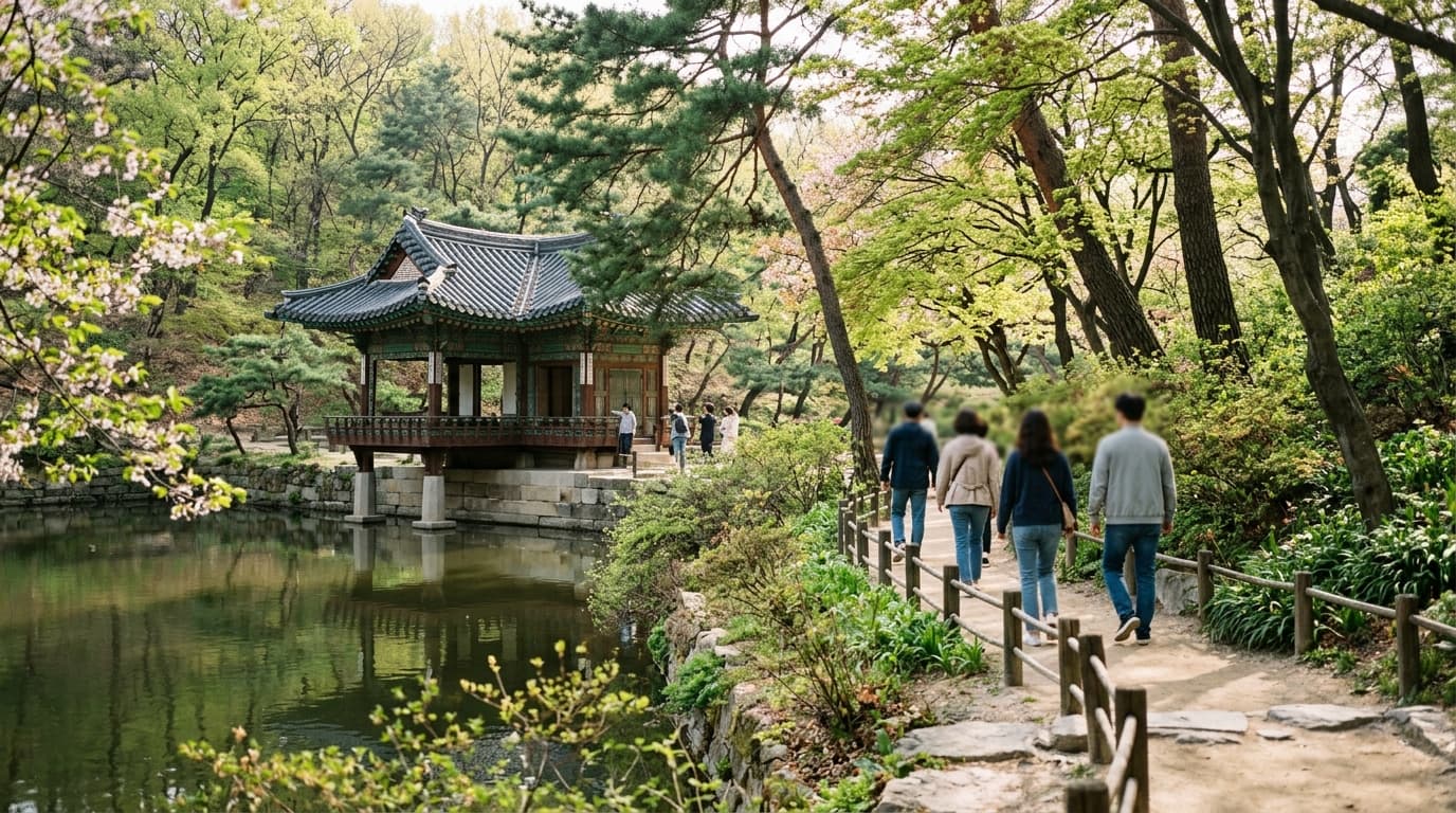 Visitors walking through Changdeokgung Secret Garden near a traditional pavilion and pond in Seoul