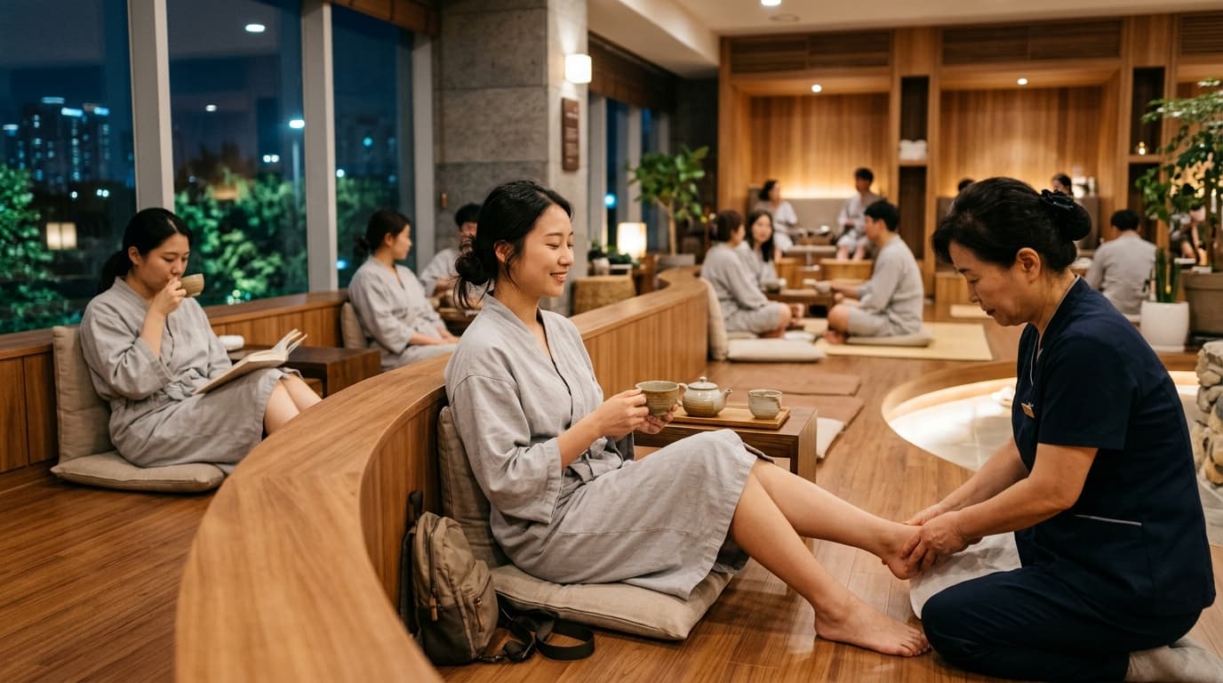 A traveler enjoying a Korean spa massage in a Seoul jjimjilbang lounge