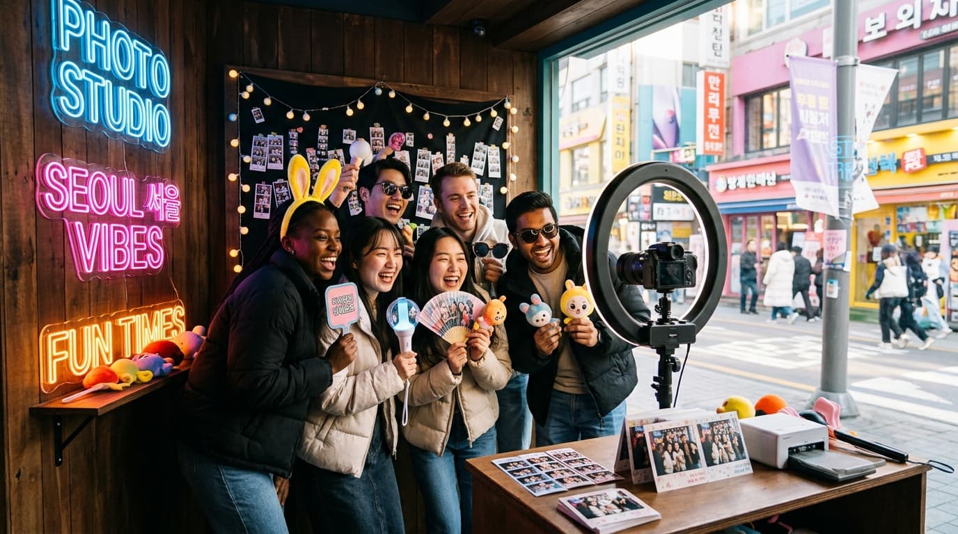 International tourists posing in a trendy Seoul self photo studio booth with props and instant printouts