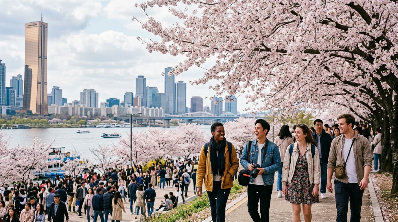 Travelers enjoying cherry blossoms in full bloom at a Seoul riverside park with the city skyline in spring