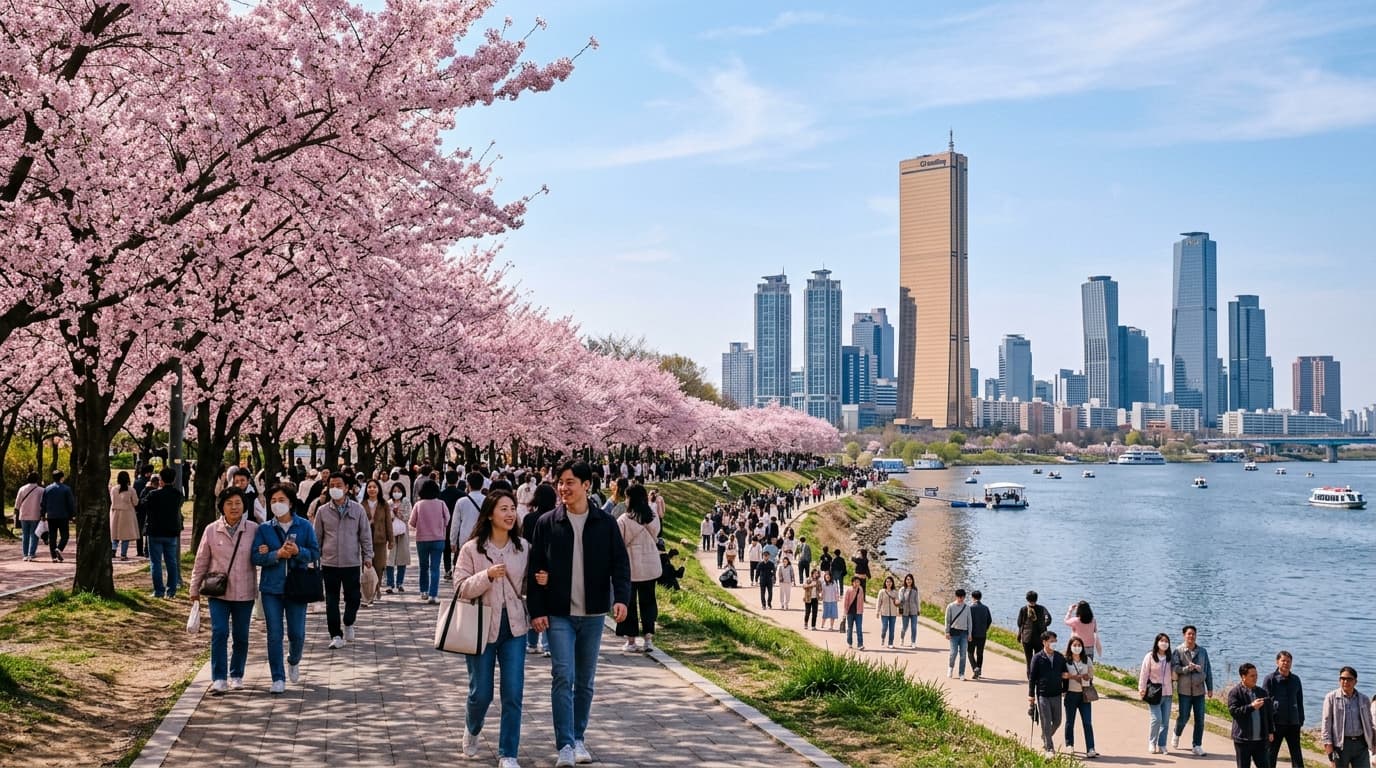 Seoul's Yeouido Hangang Park with cherry blossoms in full bloom and visitors enjoying the spring scenery